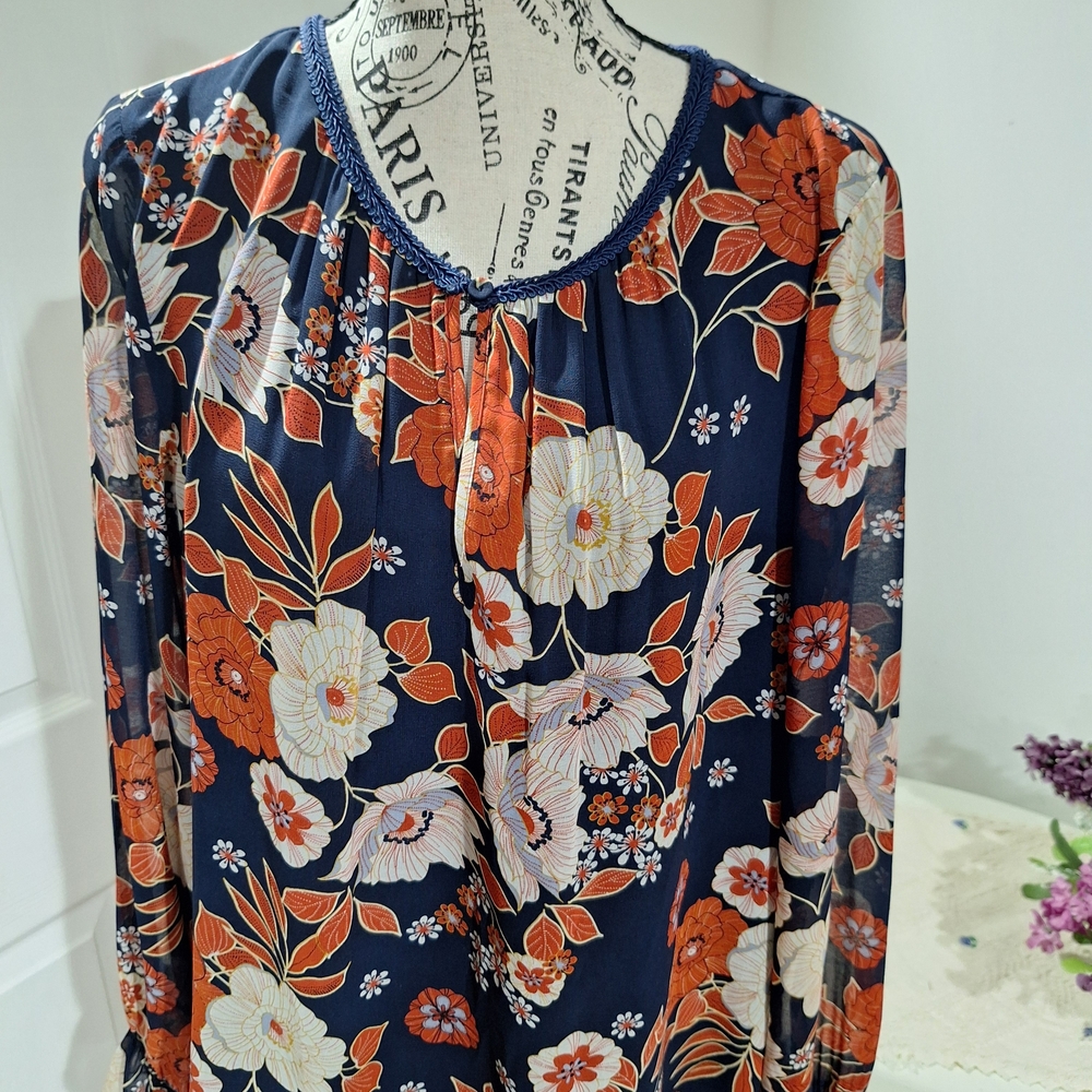 Navy Floral Long-Sleeve Blouse - Navy & Orange